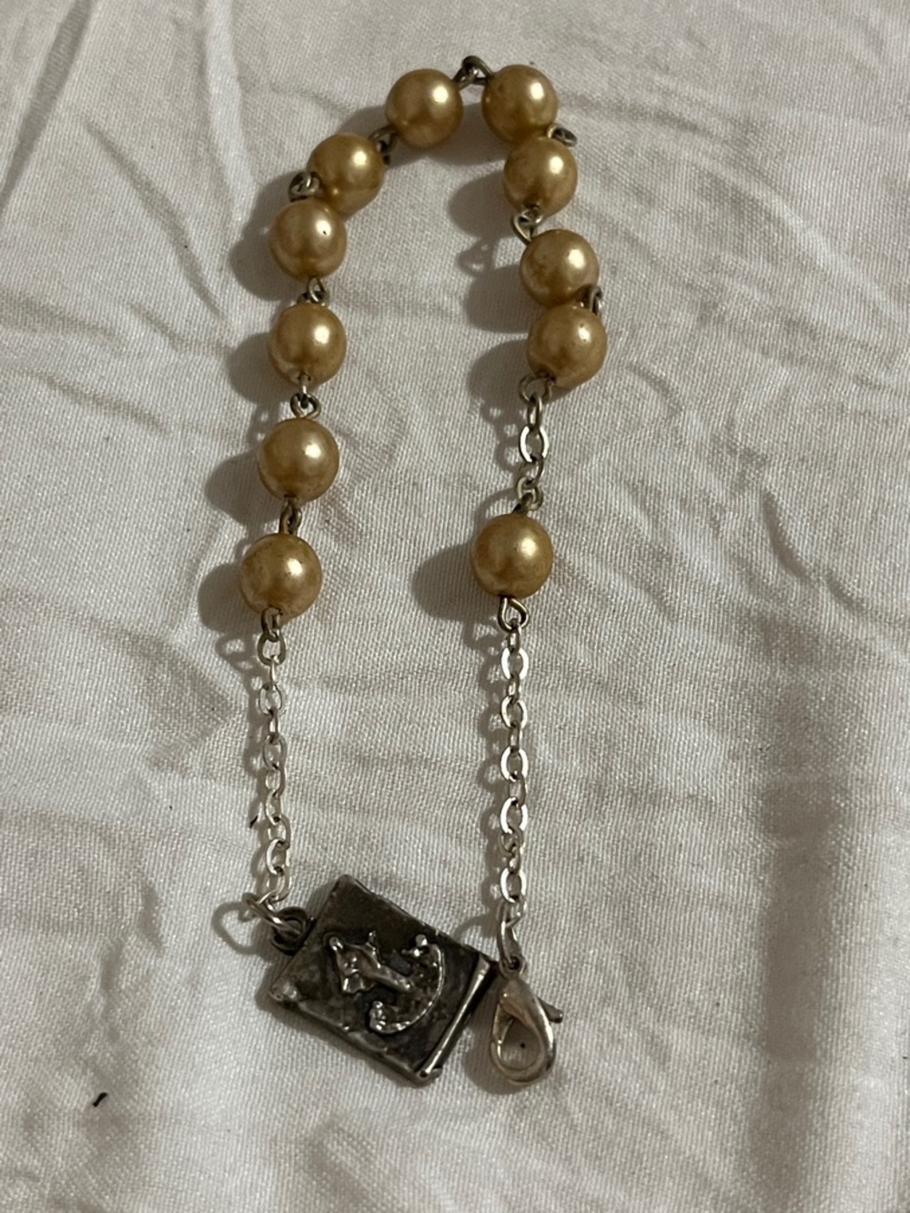 Gold Beaded Bracelet with Silver Chain and Anchor Book Charm